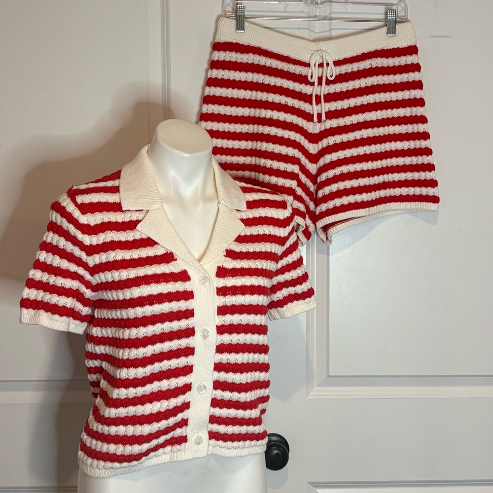 Old Navy Red White Stripe Crochet Knit Short Sleeve Top Shorts Set Tall Small